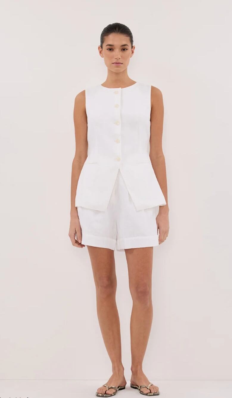 Dissh Vest 10 Alessia White Linen Belted Button Front Sleeveless Classic Dressy